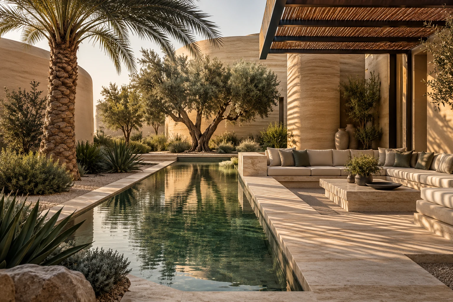 Original AI concept: desert courtyard with palms, a shaded pergola and a reflecting pool. Not a Hill Valley project.